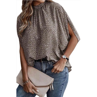 Leopard Dotty Print Knotted Dolman Sleeve Mock Neck Blouse