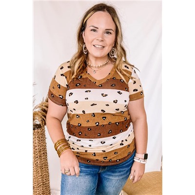 Leopard Color Block V Neck Plus Size T Shirt