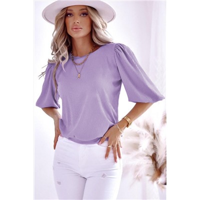 Purple Bubble Half Sleeves Ribbed Knit Top