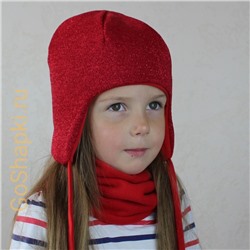 Шапка зимняя утепленная из вязаного полотна с хлопковой подкладкой на завязках "Красный люрекс"