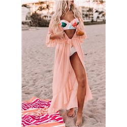 Розовая полупрозрачная накидка для пляжа с воланом