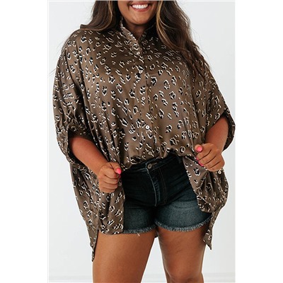 Leopard Buttoned Batwing Sleeve Plus Size Shirt