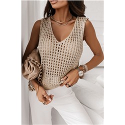 Khaki V Neck Fishnet Hollow-out Knitted Tank Top