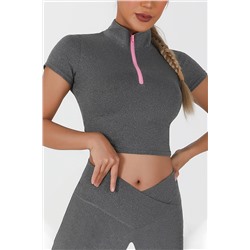 Gray Half Zipper Short Sleeve Active Crop Top