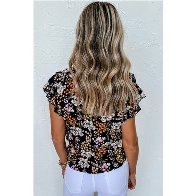 Black Floral Print Ruffle Drawstring V Neck Blouse