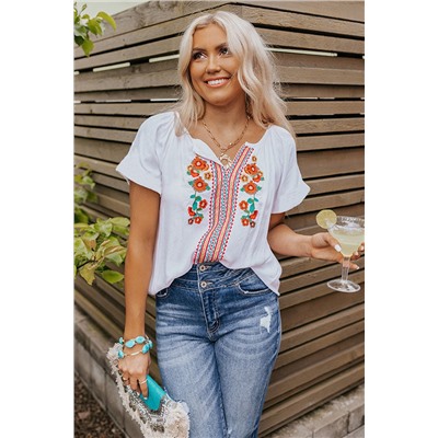 Short Sleeve V Neck Floral Embroidered Blouse