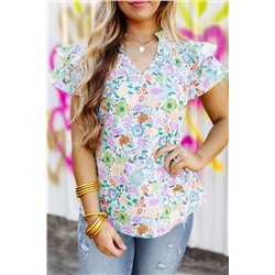 White Floral Print Ruffle Tiered Sleeves Blouse