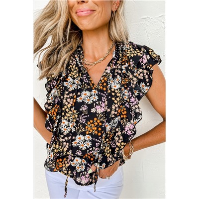 Black Floral Print Ruffle Drawstring V Neck Blouse