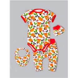 Комплект нательный для малышей, лисички, боди + нагрудник + царапки + штаны, оранжевый