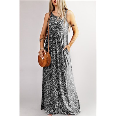 Серое леопардовое платье макси с карманами