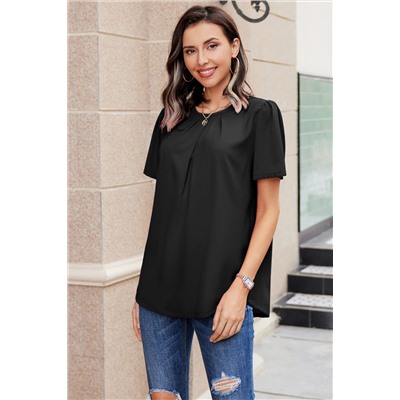 Black Solid Pleated Keyhole Short Sleeve T Shirt