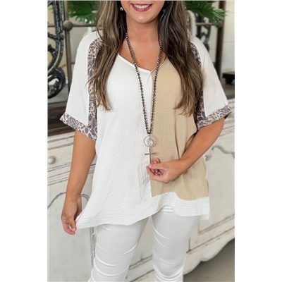 White Distressed Color Patchwork Leopard Trim Blouse