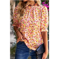 Orange Boho Floral Ruffle Short Sleeve Frill Mock Neck Blouse