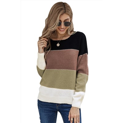 Коричневый теплый свитер с разноцветными полосами