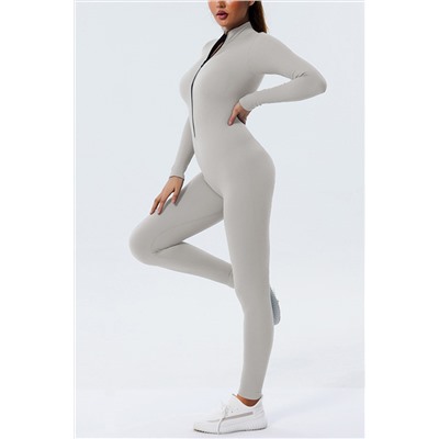 Silver Zip High Neck Seamless Ribbed Yoga Jumpsuit