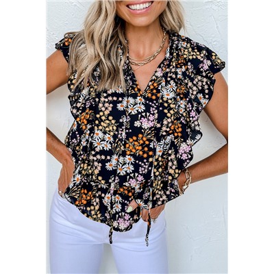 Black Floral Print Ruffle Drawstring V Neck Blouse