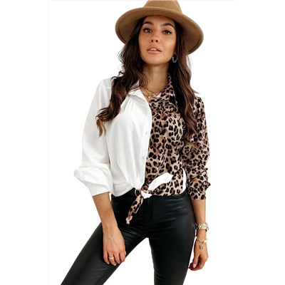 Белая леопардовая блуза в стиле пэчворк и узлом спереди