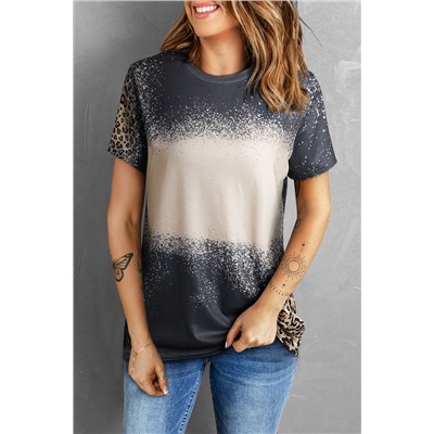 Gray Bleached Blank Leopard Tie-dye Print T Shirt