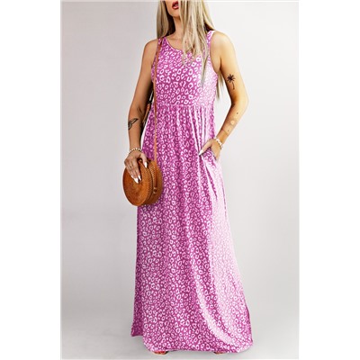 Розовое леопардовое платье макси с карманами