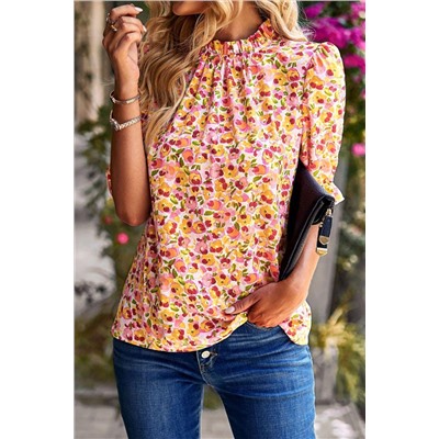 Orange Boho Floral Ruffle Short Sleeve Frill Mock Neck Blouse