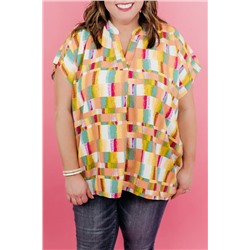 Yellow Geometric Print V Neck Plus Size T Shirt