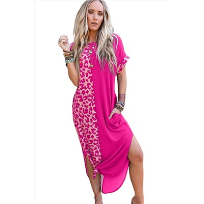 Розовое леопардовое платье-макси в стиле колорблок