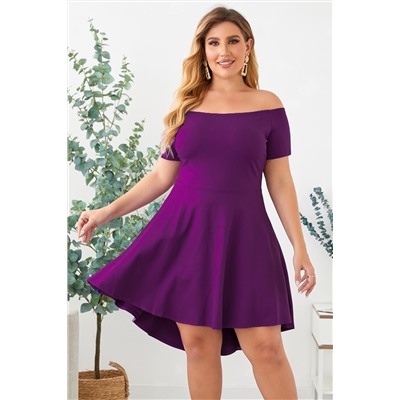 Фиолетовое однотонное мини-платье плюс сайз с открытыми плечами