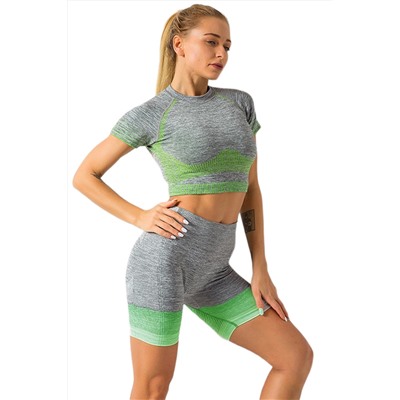 Green Striped Gradient Color Print Cropped High Waist Sports Wear