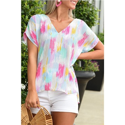 Multicolor Abstract Print V Neck Dolman Blouse