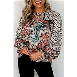 Black Mixed Floral Geometric Print Ruffled Long Sleeve Blouse