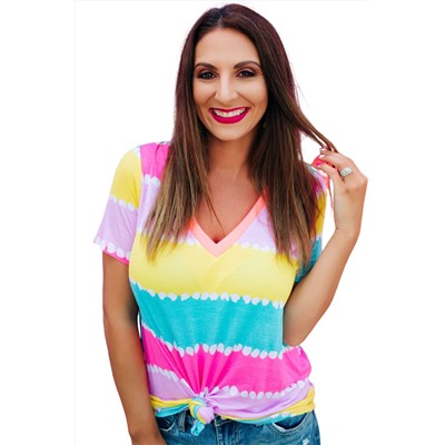 Yellow Striped Color Block V Neck T Shirt