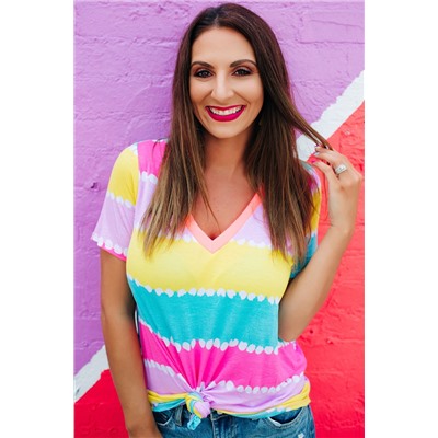 Yellow Striped Color Block V Neck T Shirt