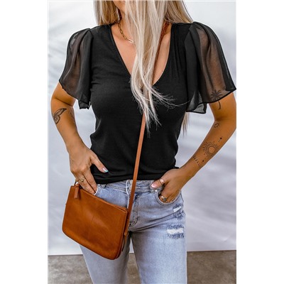 Black Sheer Ruffle Sleeve V Neck Ribbed Top