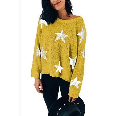 Желтый вязаный свитер со звездным принтом