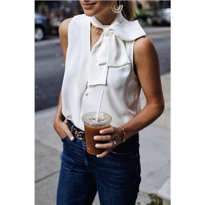 White Bow Tie V Neck Sleeveless Shirt