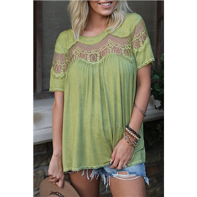 Green Mesh Lace Trim Short Sleeve Top