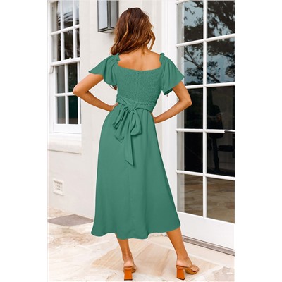 Зеленое платье-миди с открытыми плечами и коротким рукавом