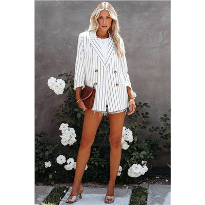 White Double Breasted Pocketed Striped Blazer