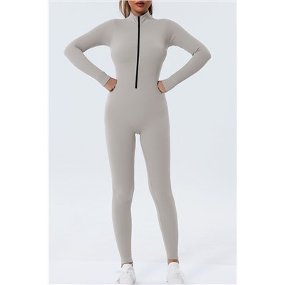 Silver Zip High Neck Seamless Ribbed Yoga Jumpsuit