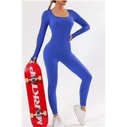 Blue Scoop Neck Long Sleeve Seamless Yoga Jumpsuit