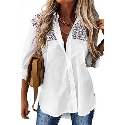 White Lace Crochet Splicing Button Up Shirt