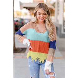 Абрикосовый пуловер с разноцветными полосами и "рваными" краями