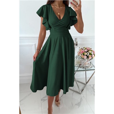 Зеленое платье-миди с рукавом-воланом и глубоким V-образным вырезом
