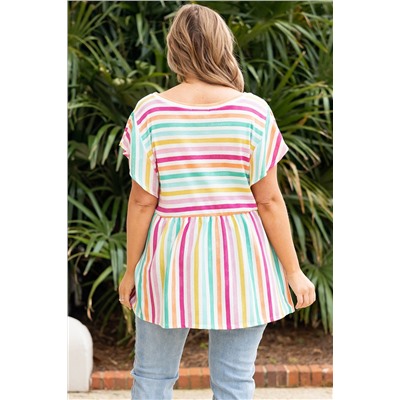 Multicolor Striped Ruffle Sleeve Plus Size Babydoll Top