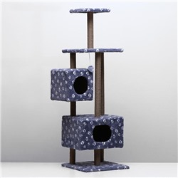 Домик-когтеточка "Квадратный с площадкой и полкой" для кошек, 65х51х173 см, серая с лапкам