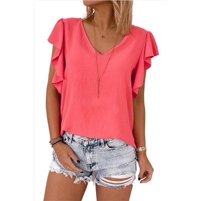 V Neck Ruffle Sleeve Loose Top