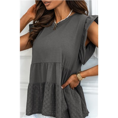 Gray Broderie Anglaise Flutter Blouse