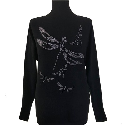 Размер единый 42-46. Мягкий женский свитер Freshness черного цвета с рисунком "Стрекоза".