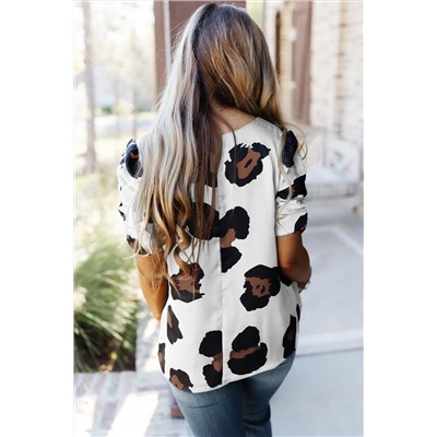 White Ruched Short Sleeve Leopard Print Blouse