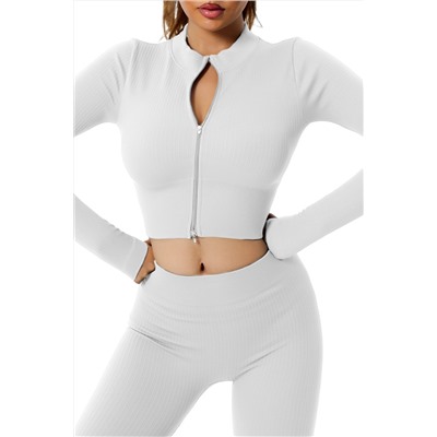 White Full Zipper Ribbed Seamless Long Sleeve Yoga Top